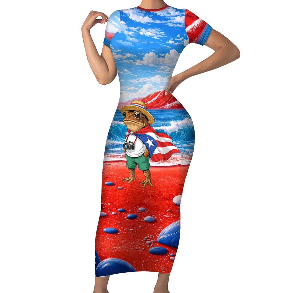 Coqui Frog Puerto Rico Flag Short Sleeve Bodycon Dress Taino Boricua Puerto Rican