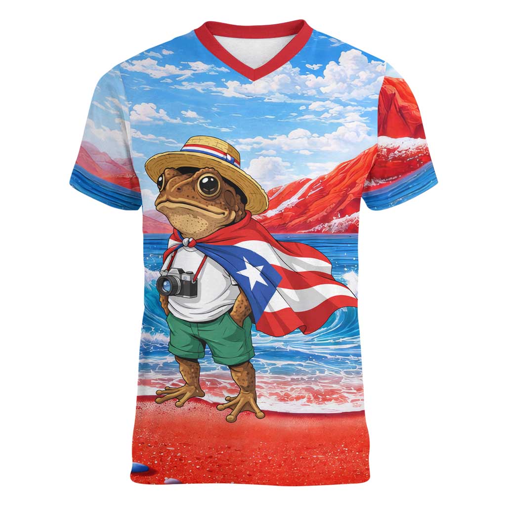 Coqui Frog Puerto Rico Flag Women V-Neck T-Shirt Taino Boricua Puerto Rican