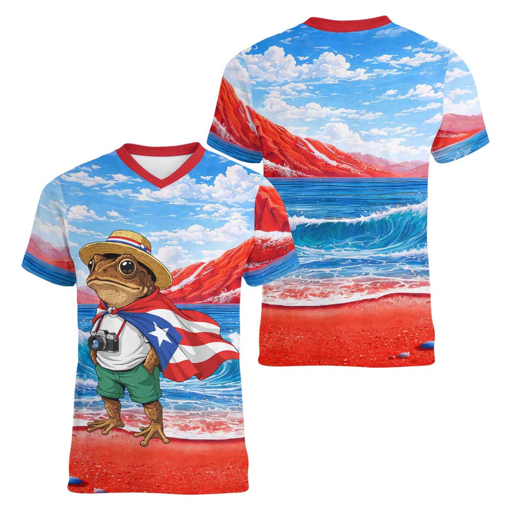 Coqui Frog Puerto Rico Flag Women V-Neck T-Shirt Taino Boricua Puerto Rican
