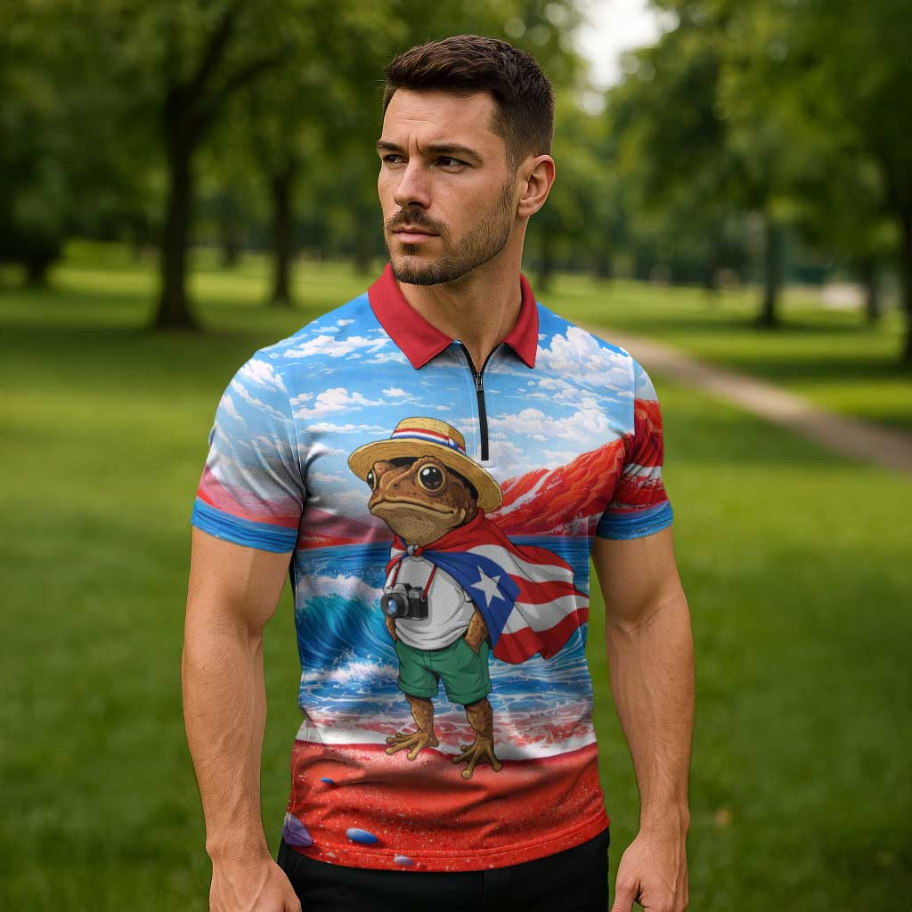 Coqui Frog Puerto Rico Flag Zipper Polo Shirt Taino Boricua Puerto Rican