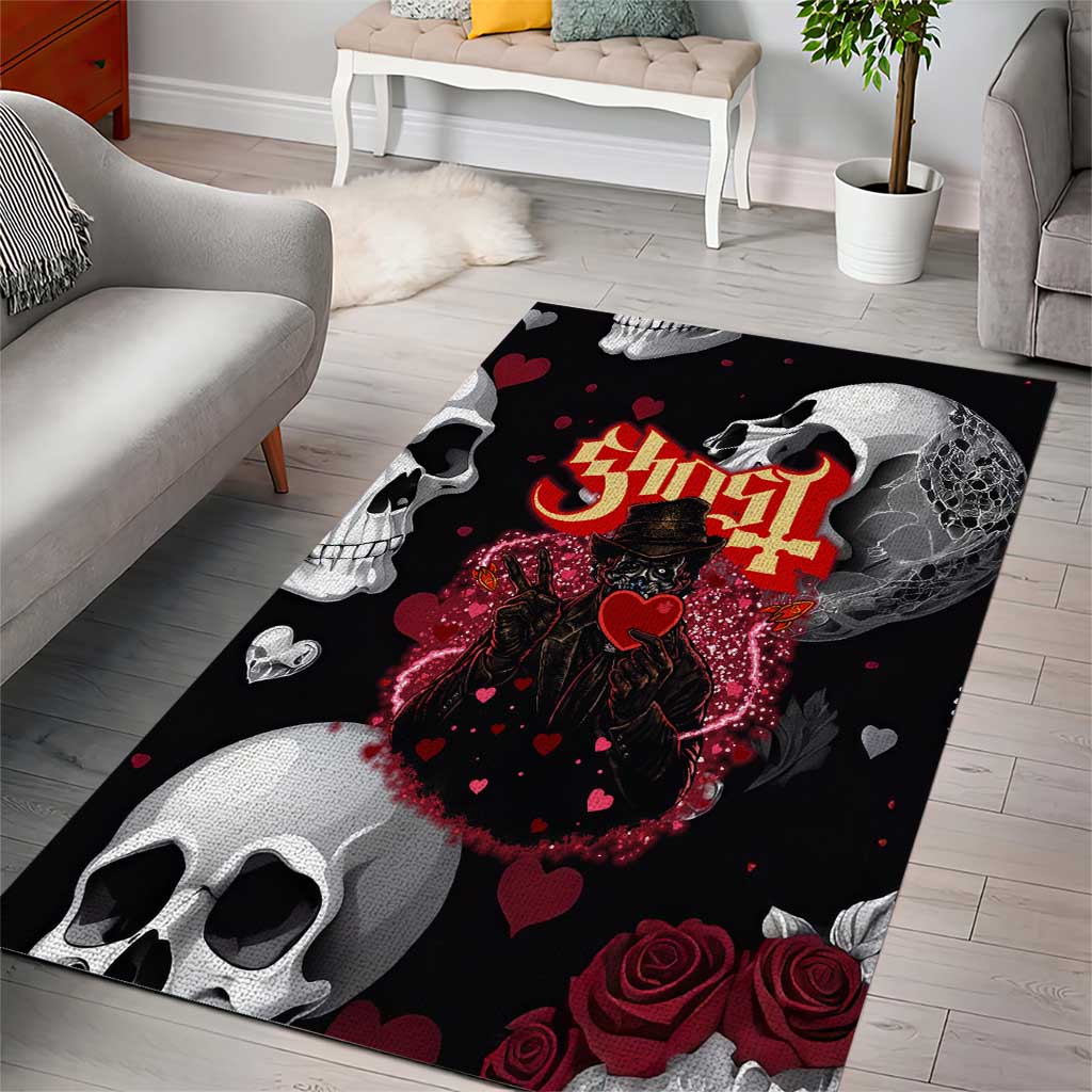 Ghost Valentine Area Rug with Rockets Skull Heart Pattern