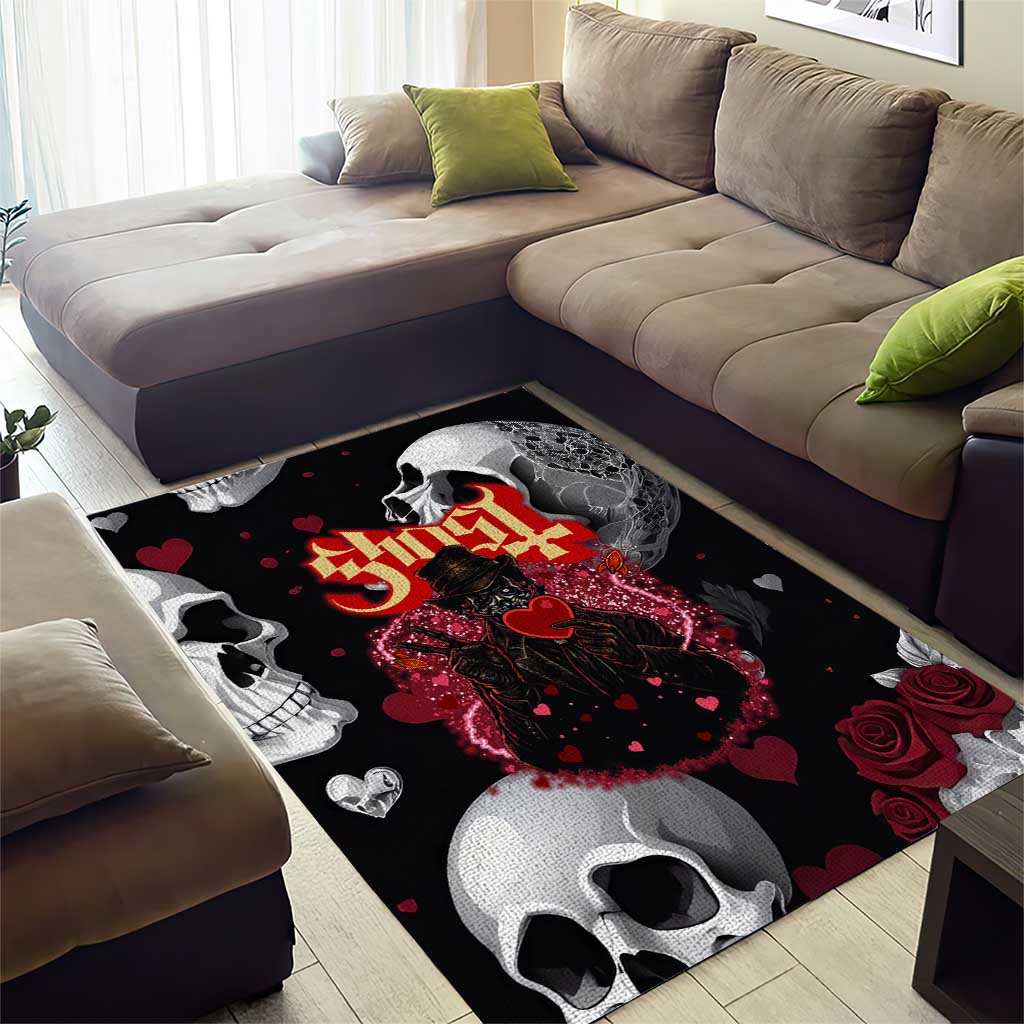 Ghost Valentine Area Rug with Rockets Skull Heart Pattern