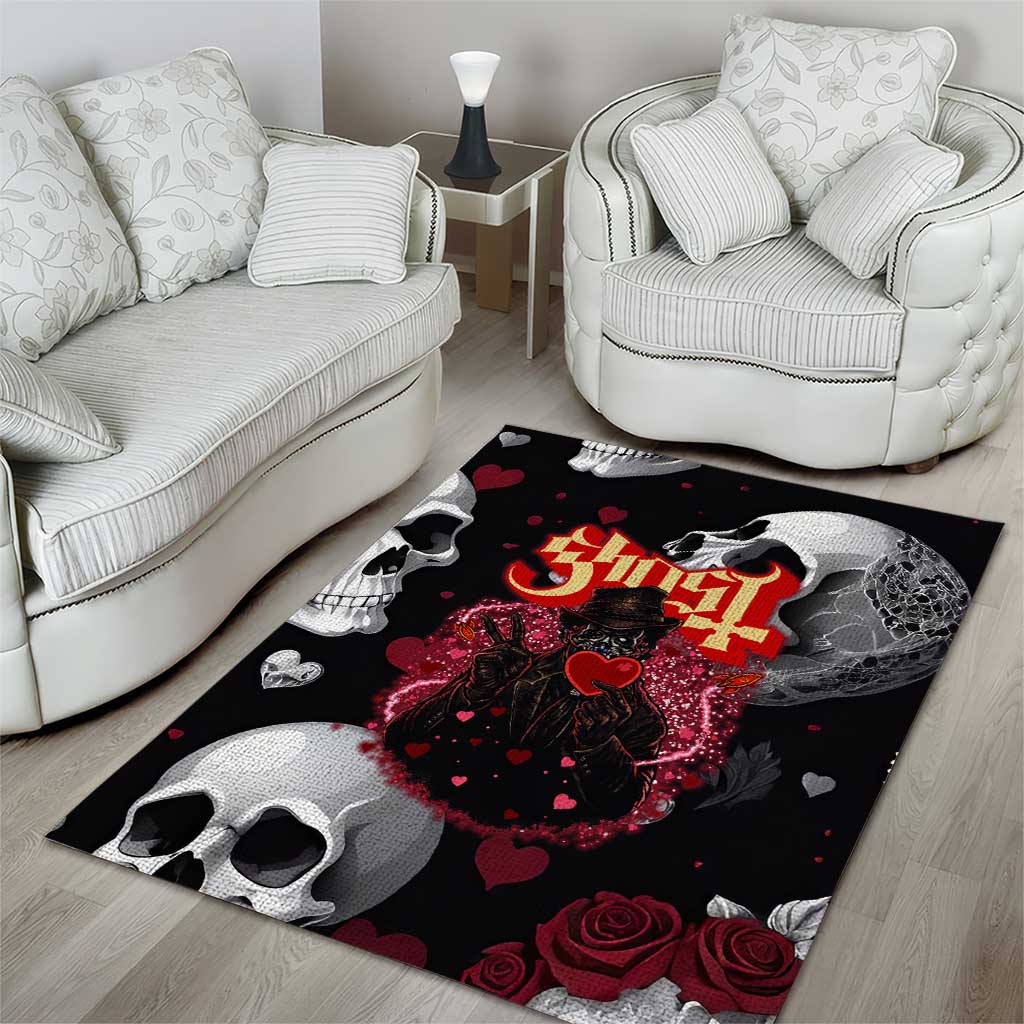 Ghost Valentine Area Rug with Rockets Skull Heart Pattern