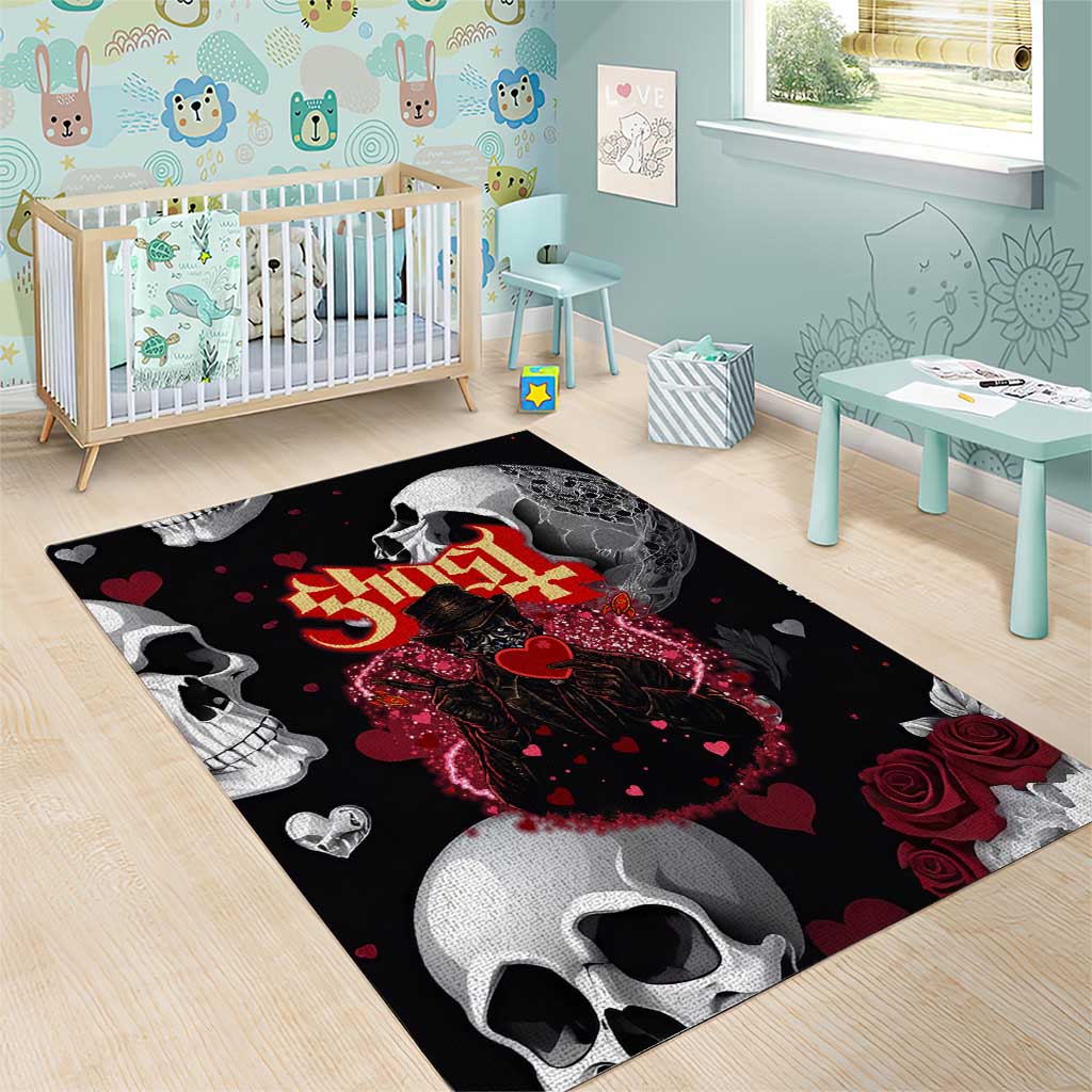 Ghost Valentine Area Rug with Rockets Skull Heart Pattern