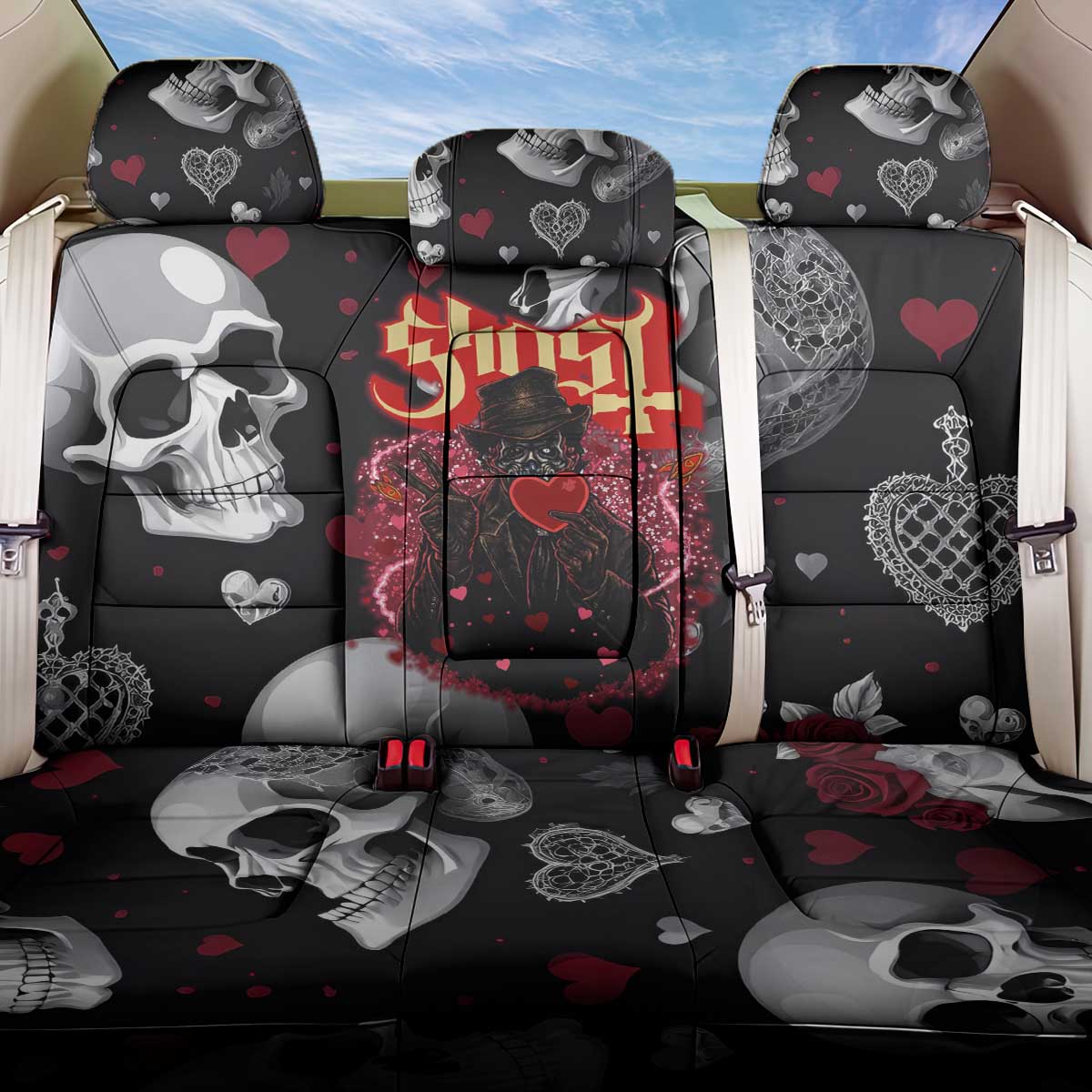 Ghost Valentine Back Car Seat Cover with Rockets Skull Heart Pattern