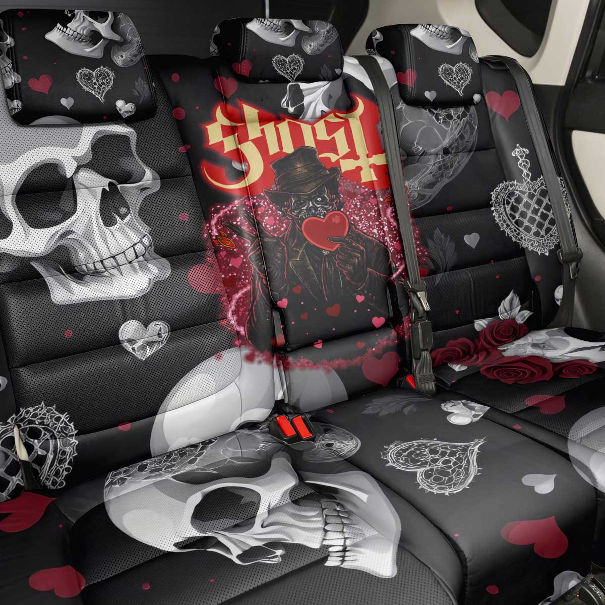 Ghost Valentine Back Car Seat Cover with Rockets Skull Heart Pattern