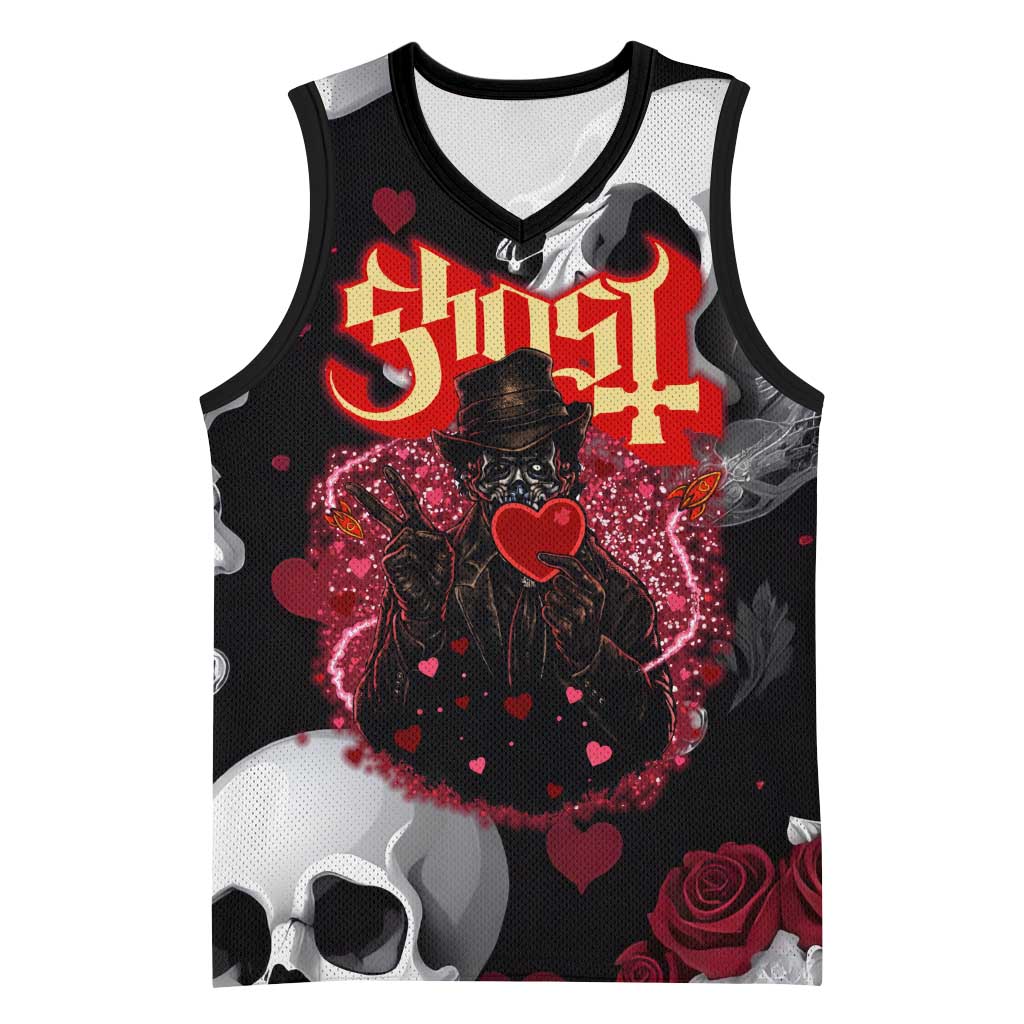 Ghost Valentine Basketball Jersey with Rockets Skull Heart Pattern