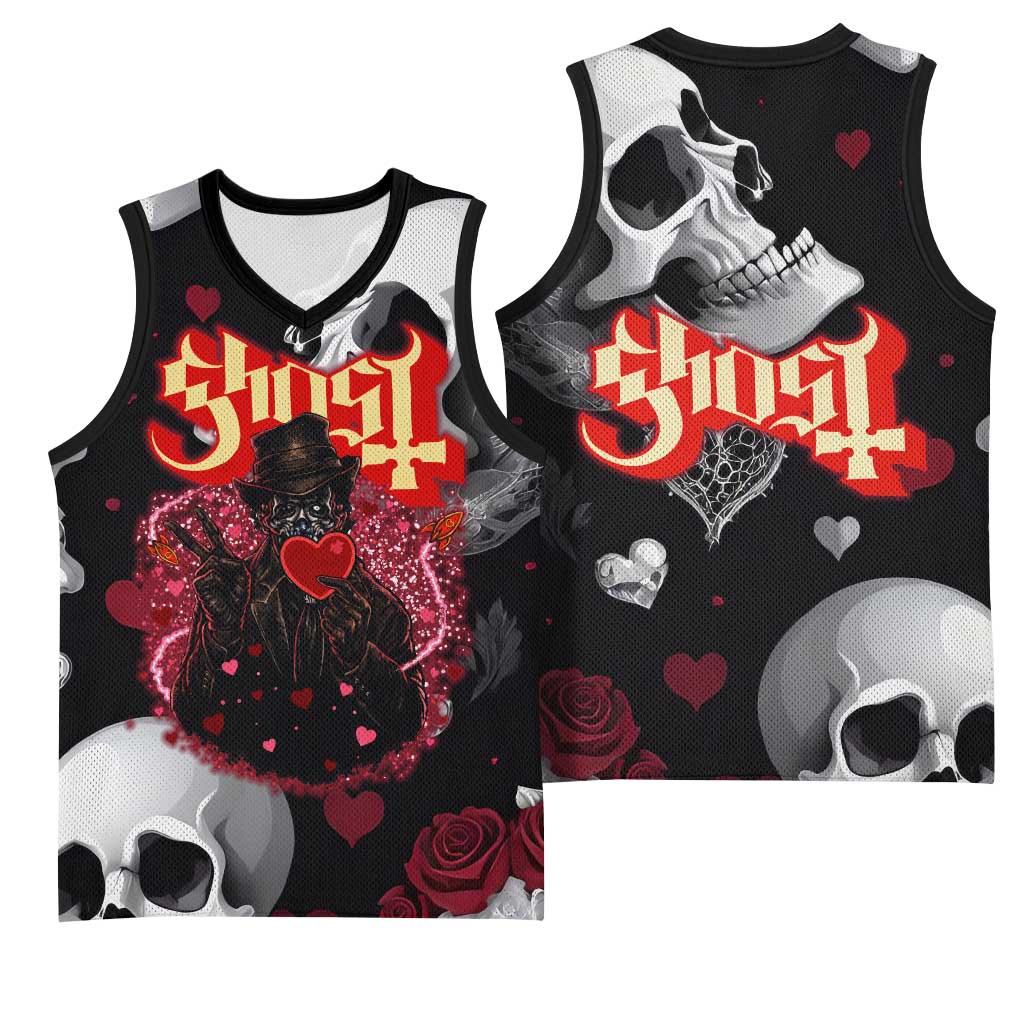 Ghost Valentine Basketball Jersey with Rockets Skull Heart Pattern