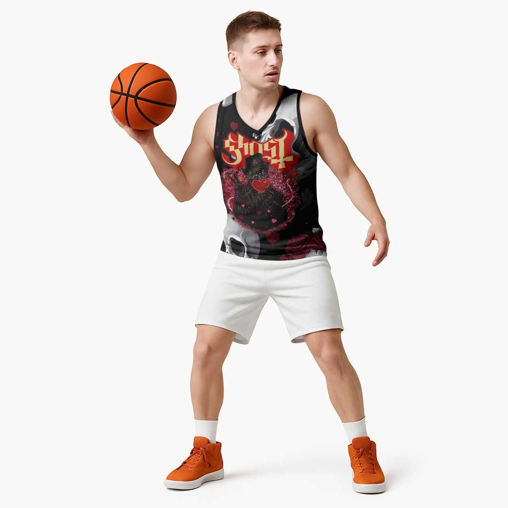 Ghost Valentine Basketball Jersey with Rockets Skull Heart Pattern