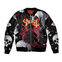 Ghost Valentine Bomber Jacket with Rockets Skull Heart Pattern