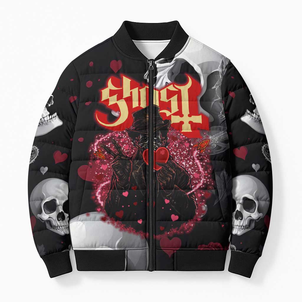 Ghost Valentine Bomber Puffer Jacket with Rockets Skull Heart Pattern