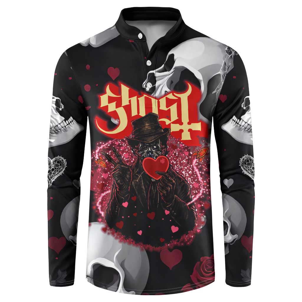 Ghost Valentine Button Sweatshirt with Rockets Skull Heart Pattern