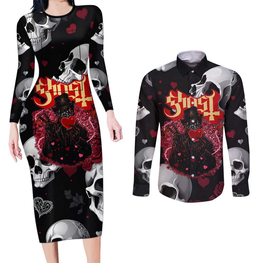 Ghost Valentine Couples Matching Long Sleeve Bodycon Dress and Long Sleeve Button Shirt with Rockets Skull Heart Pattern