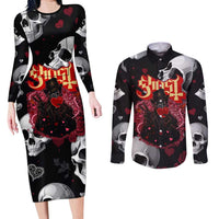 Ghost Valentine Couples Matching Long Sleeve Bodycon Dress and Long Sleeve Button Shirt with Rockets Skull Heart Pattern