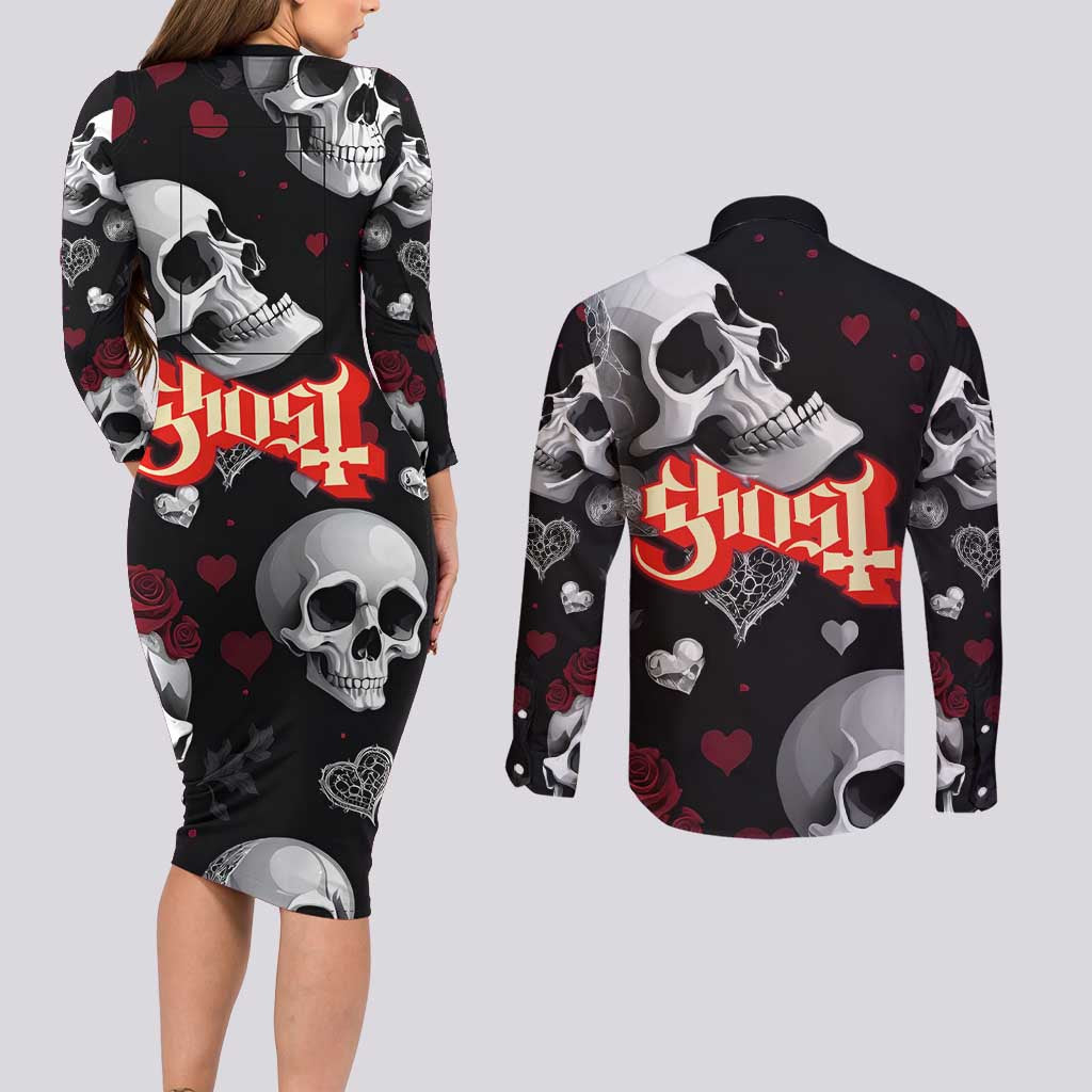 Ghost Valentine Couples Matching Long Sleeve Bodycon Dress and Long Sleeve Button Shirt with Rockets Skull Heart Pattern