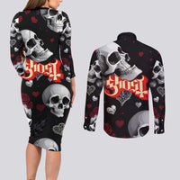 Ghost Valentine Couples Matching Long Sleeve Bodycon Dress and Long Sleeve Button Shirt with Rockets Skull Heart Pattern