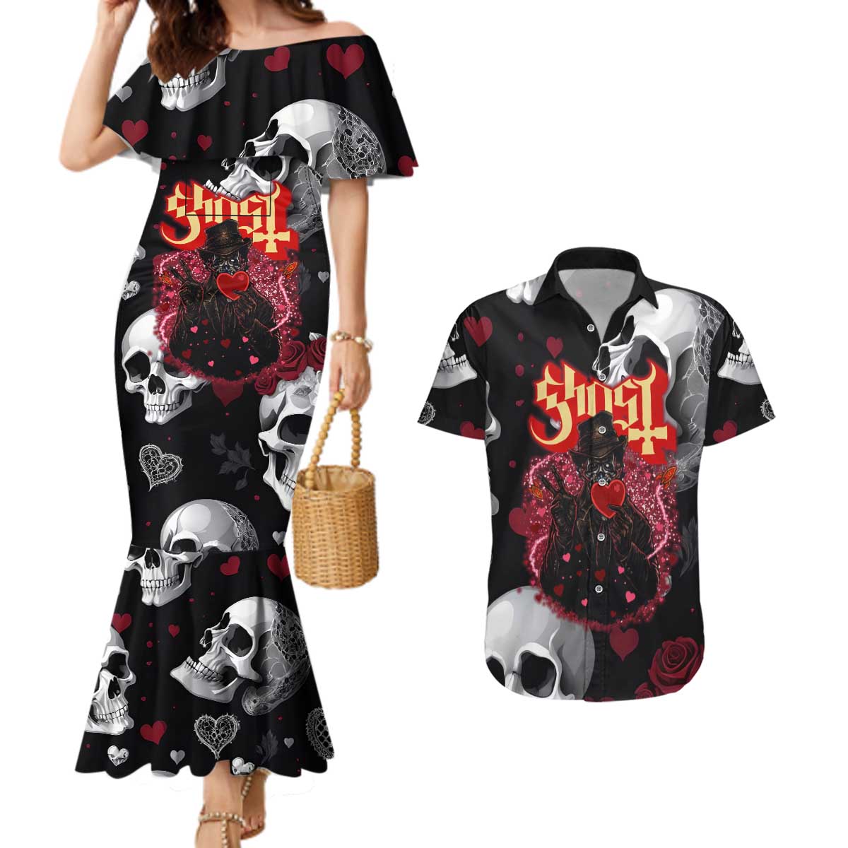 Ghost Valentine Couples Matching Mermaid Dress and Hawaiian Shirt with Rockets Skull Heart Pattern