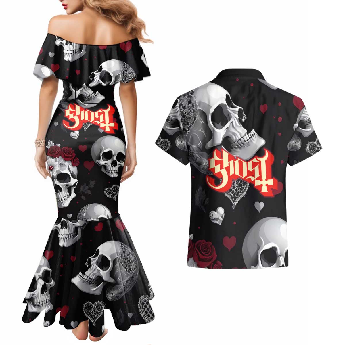 Ghost Valentine Couples Matching Mermaid Dress and Hawaiian Shirt with Rockets Skull Heart Pattern