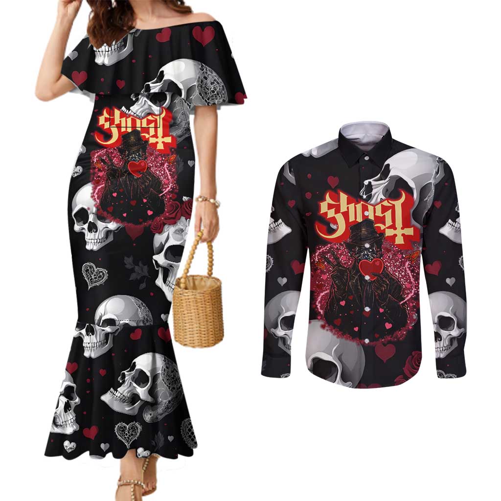 Ghost Valentine Couples Matching Mermaid Dress and Long Sleeve Button Shirt with Rockets Skull Heart Pattern