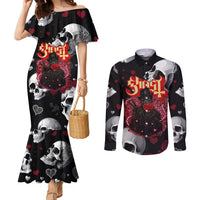 Ghost Valentine Couples Matching Mermaid Dress and Long Sleeve Button Shirt with Rockets Skull Heart Pattern