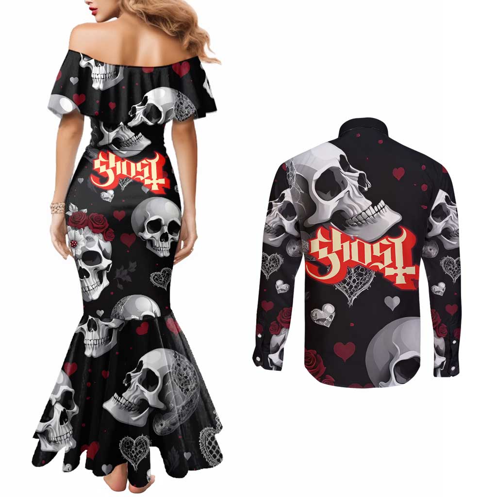 Ghost Valentine Couples Matching Mermaid Dress and Long Sleeve Button Shirt with Rockets Skull Heart Pattern