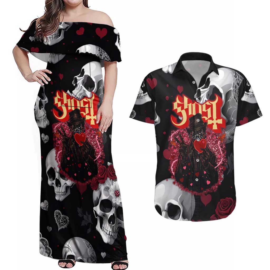 Ghost Valentine Couples Matching Off Shoulder Maxi Dress and Hawaiian Shirt with Rockets Skull Heart Pattern
