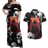 Ghost Valentine Couples Matching Off Shoulder Maxi Dress and Hawaiian Shirt with Rockets Skull Heart Pattern
