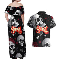 Ghost Valentine Couples Matching Off Shoulder Maxi Dress and Hawaiian Shirt with Rockets Skull Heart Pattern