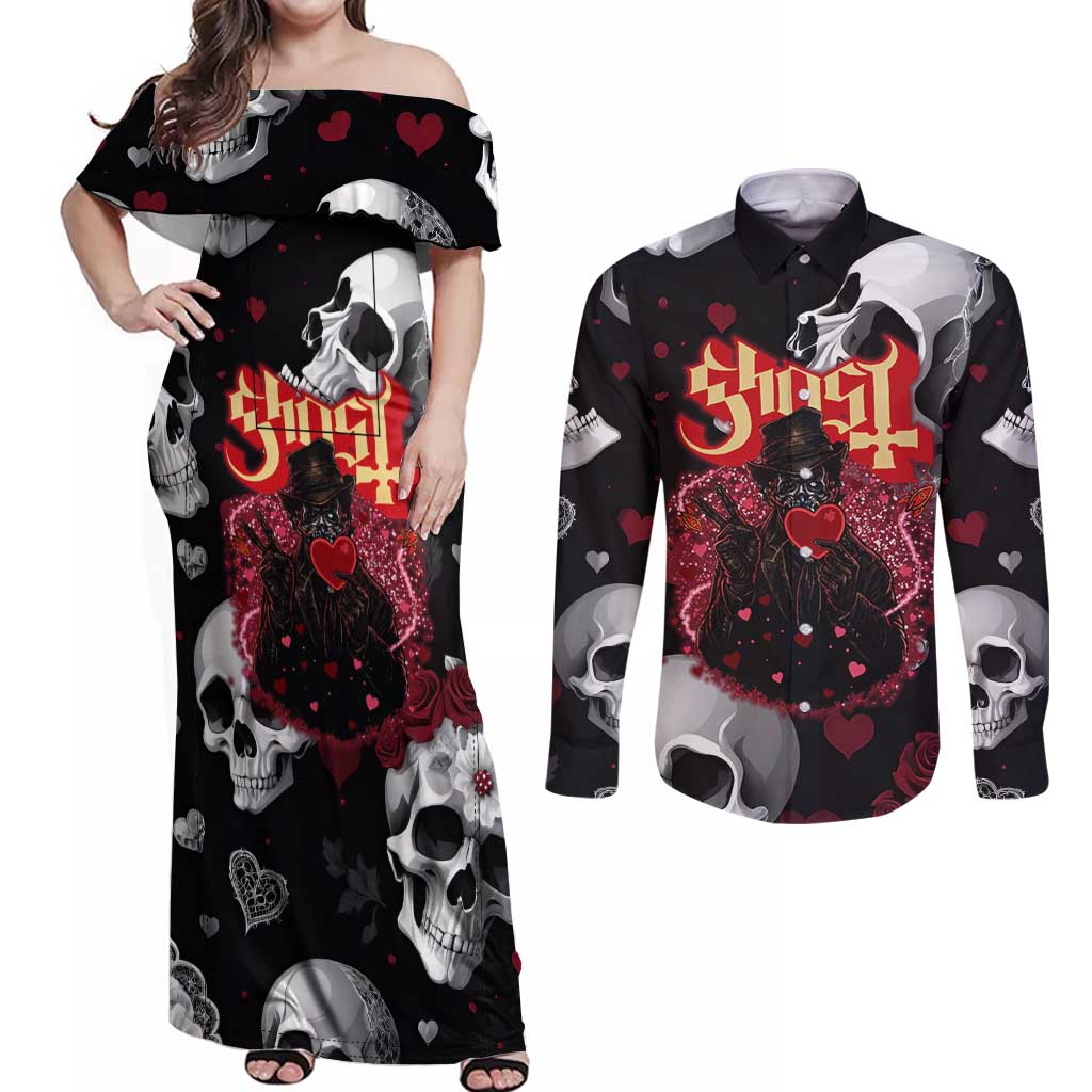 Ghost Valentine Couples Matching Off Shoulder Maxi Dress and Long Sleeve Button Shirt with Rockets Skull Heart Pattern