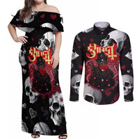 Ghost Valentine Couples Matching Off Shoulder Maxi Dress and Long Sleeve Button Shirt with Rockets Skull Heart Pattern