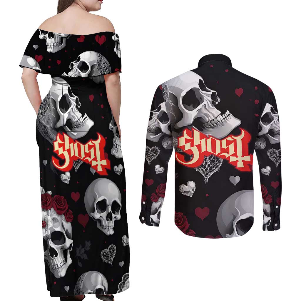 Ghost Valentine Couples Matching Off Shoulder Maxi Dress and Long Sleeve Button Shirt with Rockets Skull Heart Pattern