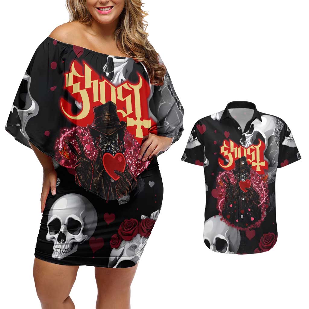 Ghost Valentine Couples Matching Off Shoulder Short Dress and Hawaiian Shirt with Rockets Skull Heart Pattern