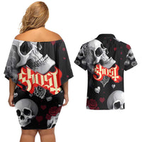 Ghost Valentine Couples Matching Off Shoulder Short Dress and Hawaiian Shirt with Rockets Skull Heart Pattern