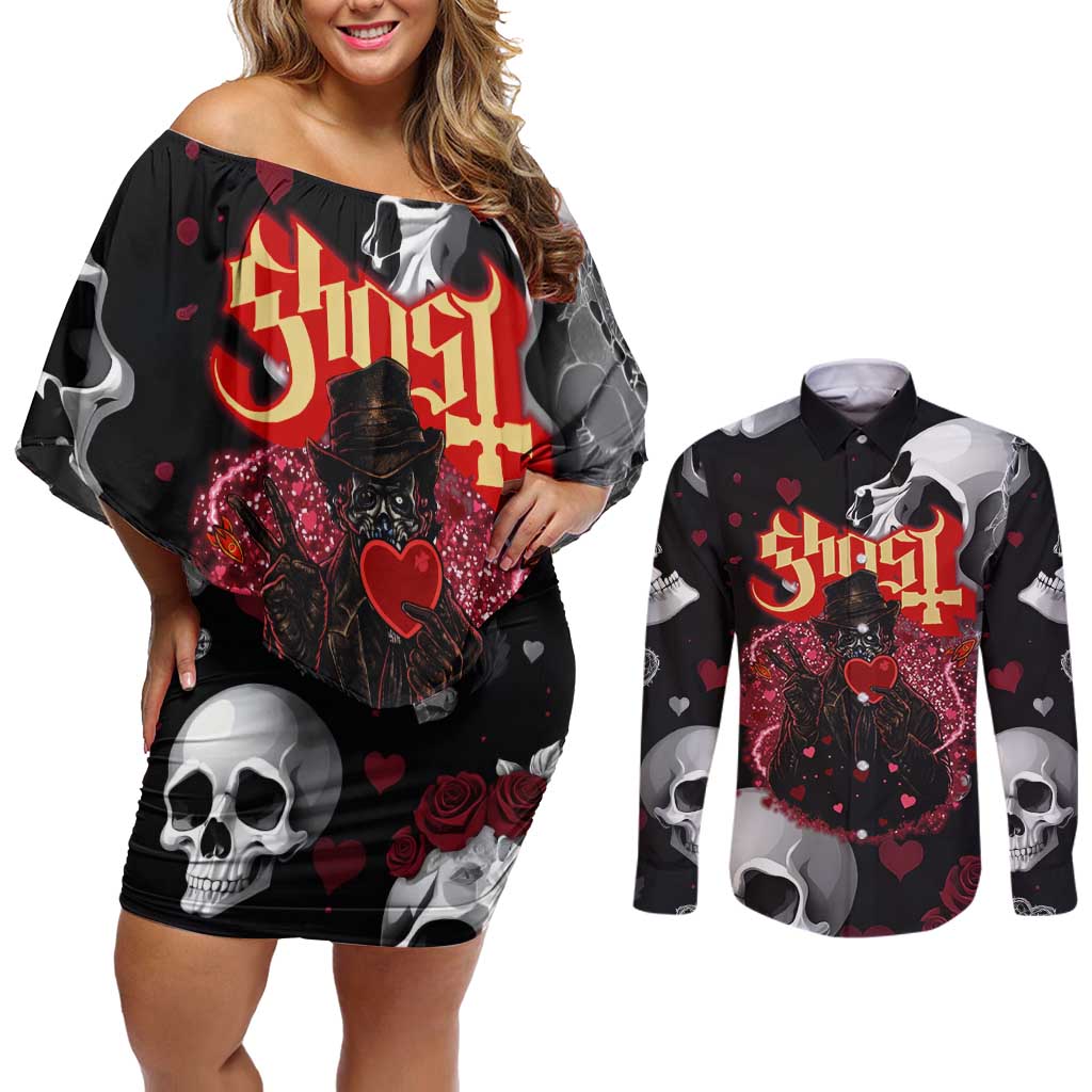 Ghost Valentine Couples Matching Off Shoulder Short Dress and Long Sleeve Button Shirt with Rockets Skull Heart Pattern