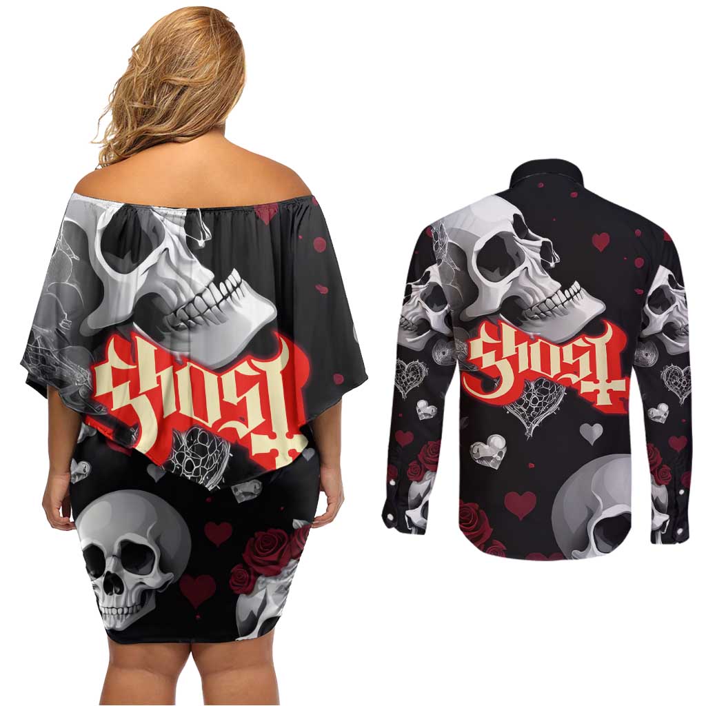 Ghost Valentine Couples Matching Off Shoulder Short Dress and Long Sleeve Button Shirt with Rockets Skull Heart Pattern