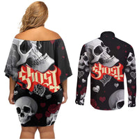 Ghost Valentine Couples Matching Off Shoulder Short Dress and Long Sleeve Button Shirt with Rockets Skull Heart Pattern