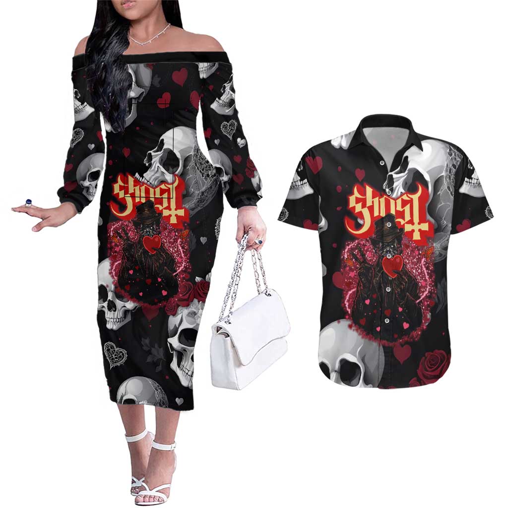 Ghost Valentine Couples Matching Off The Shoulder Long Sleeve Dress and Hawaiian Shirt with Rockets Skull Heart Pattern