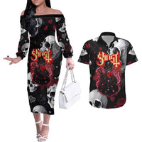 Ghost Valentine Couples Matching Off The Shoulder Long Sleeve Dress and Hawaiian Shirt with Rockets Skull Heart Pattern