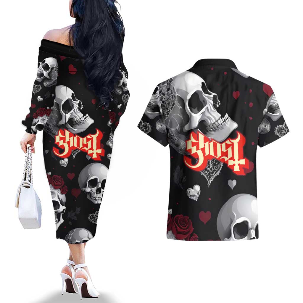 Ghost Valentine Couples Matching Off The Shoulder Long Sleeve Dress and Hawaiian Shirt with Rockets Skull Heart Pattern