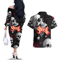 Ghost Valentine Couples Matching Off The Shoulder Long Sleeve Dress and Hawaiian Shirt with Rockets Skull Heart Pattern