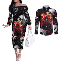 Ghost Valentine Couples Matching Off The Shoulder Long Sleeve Dress and Long Sleeve Button Shirt with Rockets Skull Heart Pattern