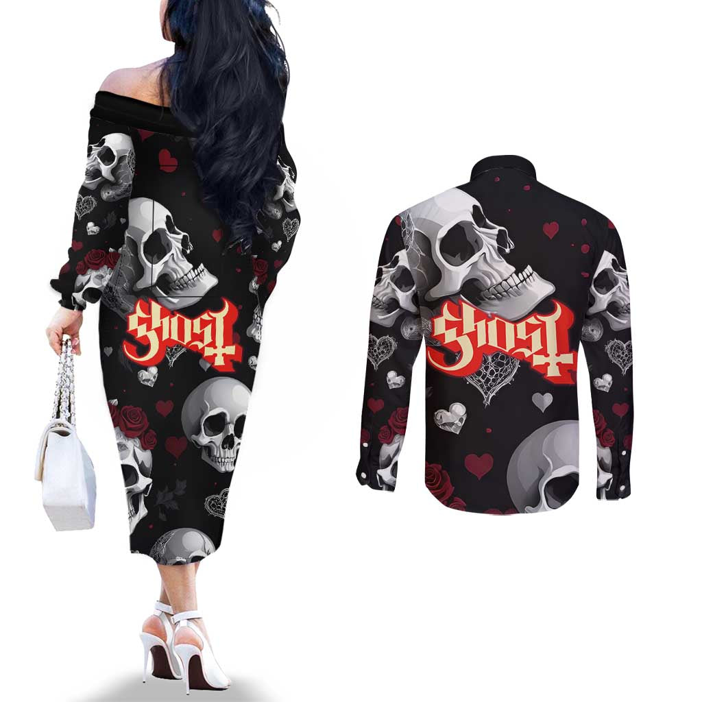 Ghost Valentine Couples Matching Off The Shoulder Long Sleeve Dress and Long Sleeve Button Shirt with Rockets Skull Heart Pattern