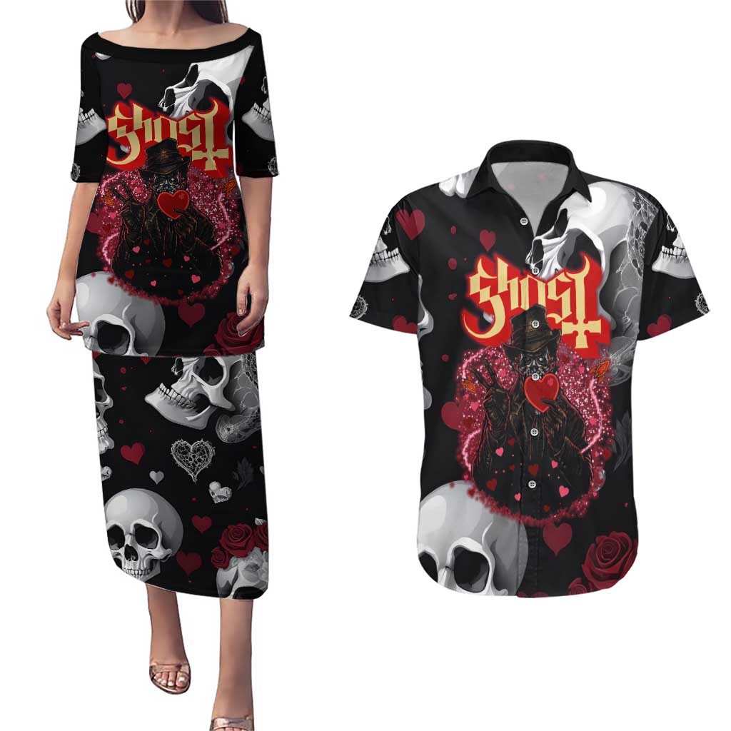 Ghost Valentine Couples Matching Puletasi and Hawaiian Shirt with Rockets Skull Heart Pattern
