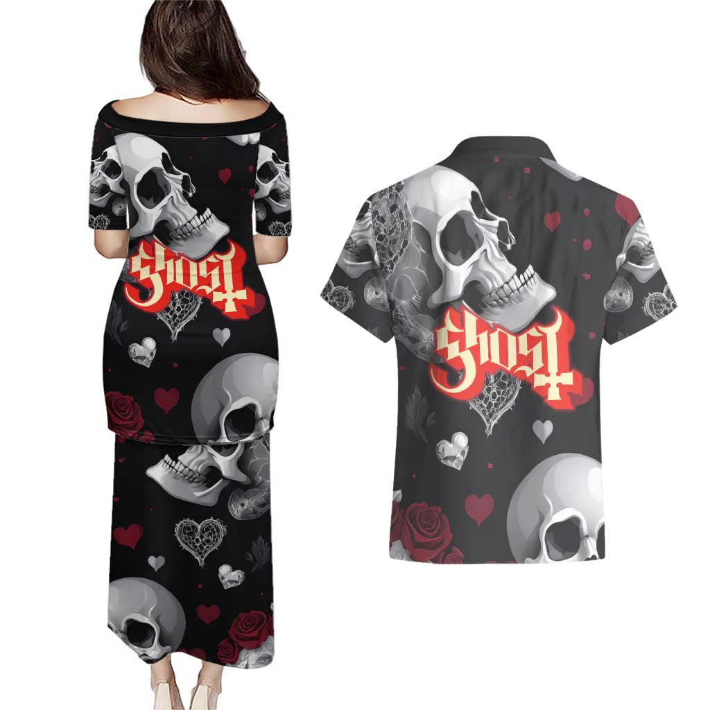 Ghost Valentine Couples Matching Puletasi and Hawaiian Shirt with Rockets Skull Heart Pattern