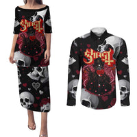 Ghost Valentine Couples Matching Puletasi and Long Sleeve Button Shirt with Rockets Skull Heart Pattern