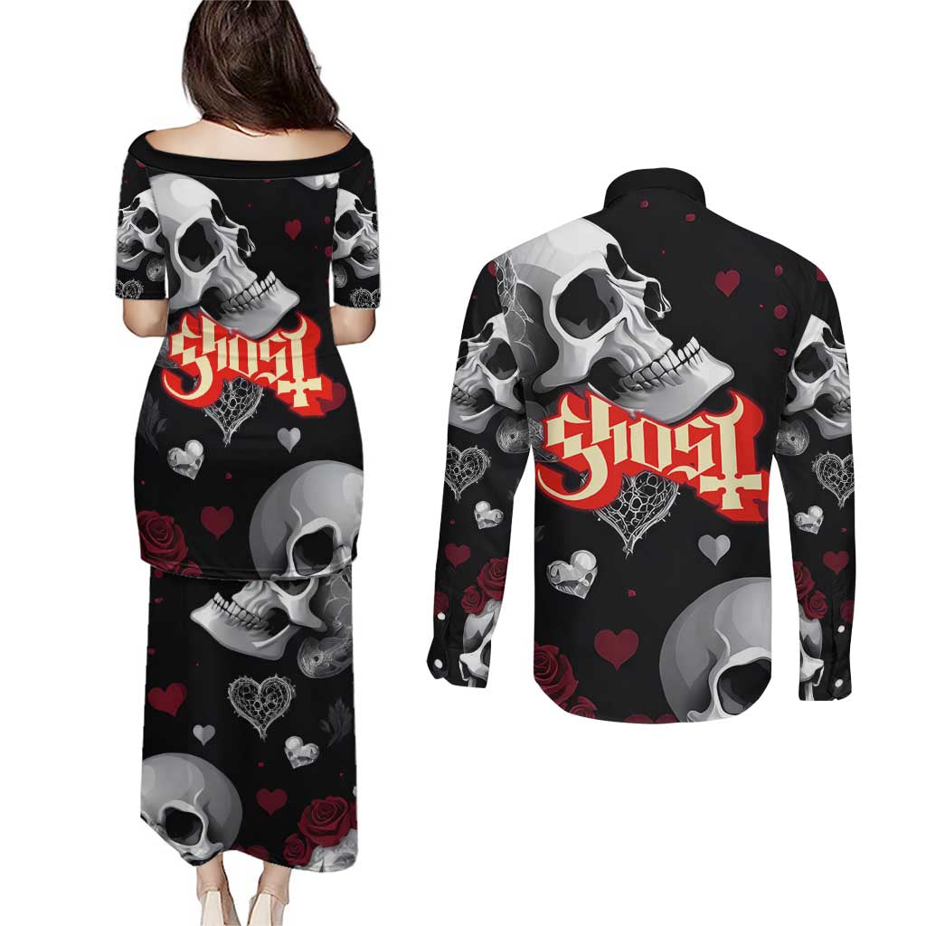 Ghost Valentine Couples Matching Puletasi and Long Sleeve Button Shirt with Rockets Skull Heart Pattern