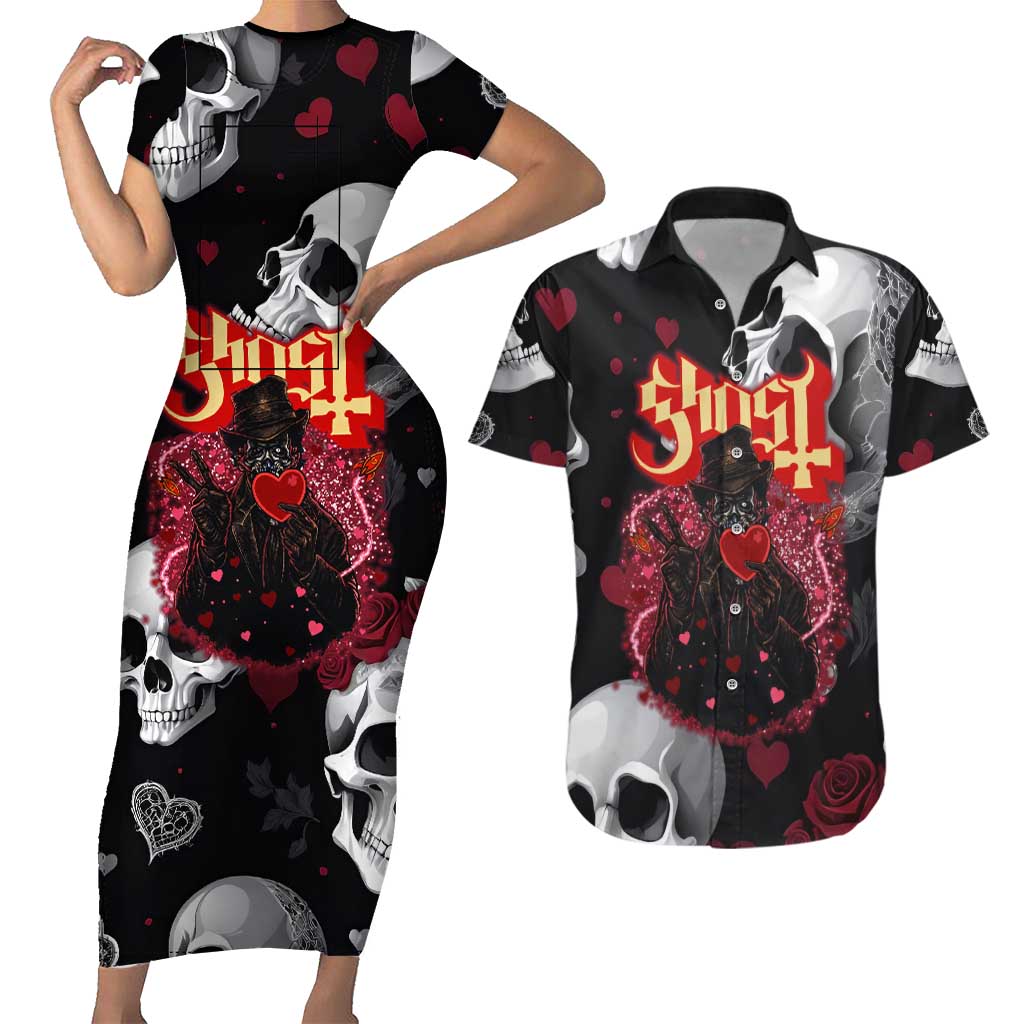 Ghost Valentine Couples Matching Short Sleeve Bodycon Dress and Hawaiian Shirt with Rockets Skull Heart Pattern