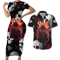 Ghost Valentine Couples Matching Short Sleeve Bodycon Dress and Hawaiian Shirt with Rockets Skull Heart Pattern