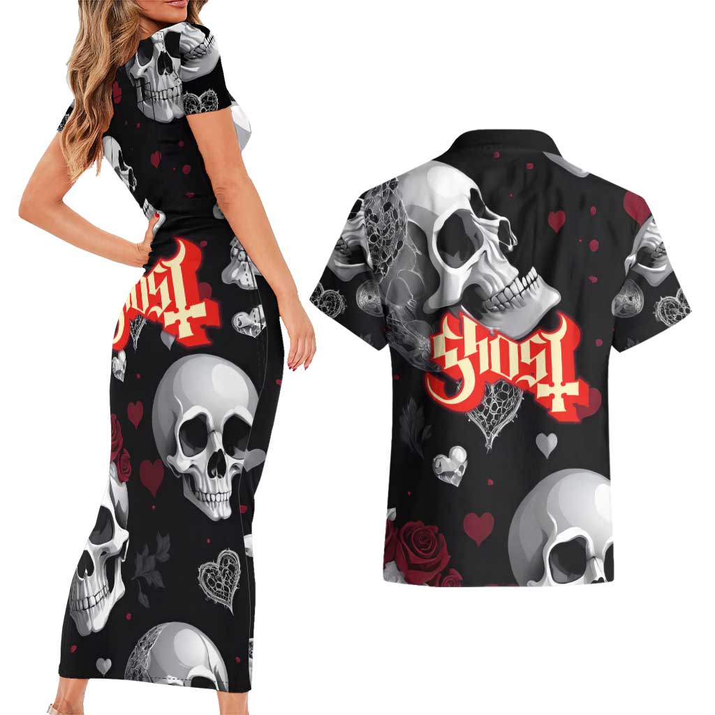 Ghost Valentine Couples Matching Short Sleeve Bodycon Dress and Hawaiian Shirt with Rockets Skull Heart Pattern