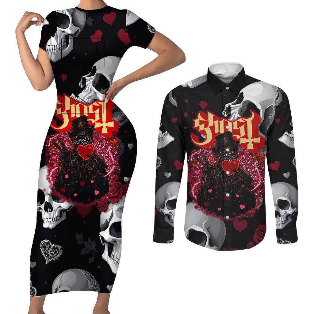 Ghost Valentine Couples Matching Short Sleeve Bodycon Dress and Long Sleeve Button Shirt with Rockets Skull Heart Pattern